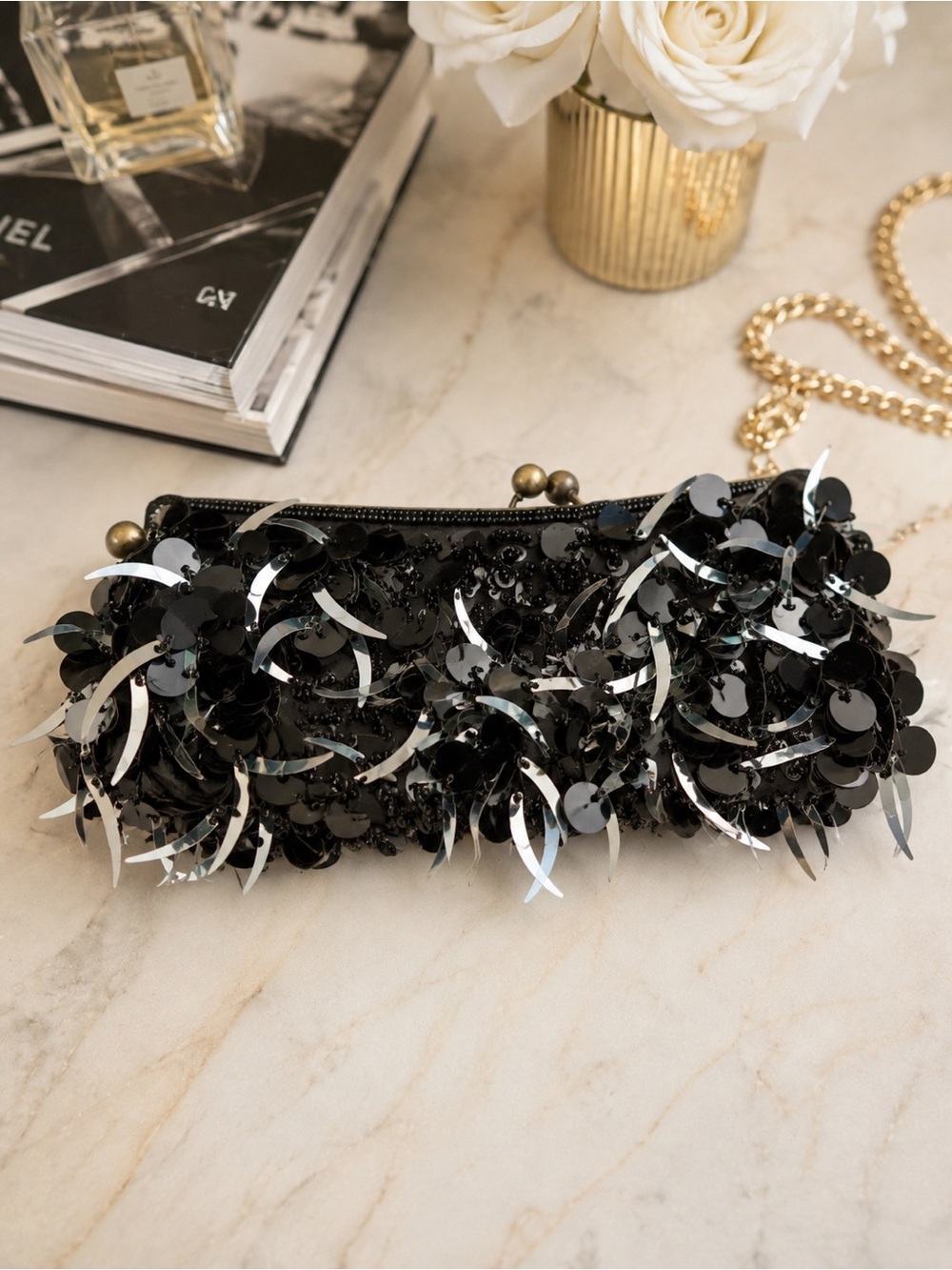 Black Sequin Beaded Evening Clutch Kiss Lock Vintage Style